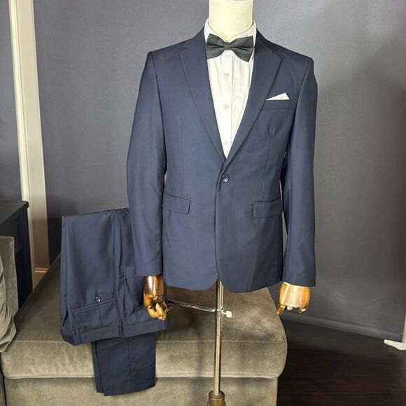 Men’s Dark Blue 2 Piece Formal Suit Notched Lapel Size 34 Jacket 31 Pants NEW - Picture 1 of 15